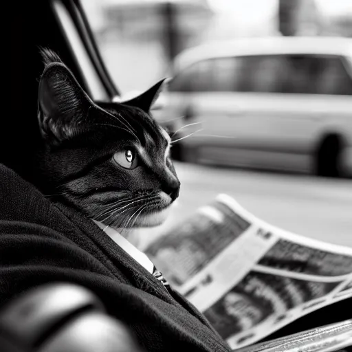Prompt: a cat in a suit in back of taxi reading a newspaper, black and white, canon camera,