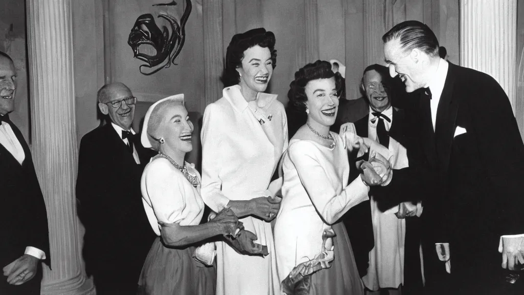 Prompt: a vintage kodachrome photograph of jkf with a warm smile greeting cthulhu at a fundraising in the white house in 1 9 5 4