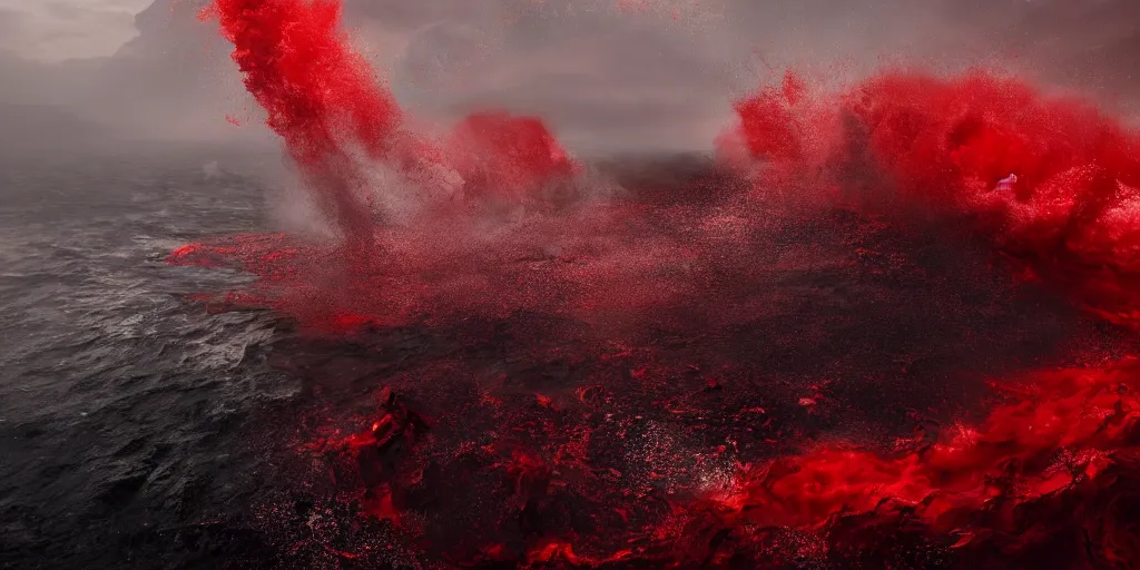 Image similar to a churning, boiling red sea with lots of smoky black and red steam, fantasy digital art, octane render, beautiful composition, trending on artstation, award-winning photograph, masterpiece