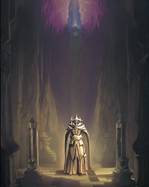 Prompt: A dark mage. He is wearing mage armor and a crown. He is frowning seriously. He is preparing to cast a dark spell. He is standing in a wizards room. Award winning oil painting by Thomas Cole and Wayne Barlowe. Highly detailed