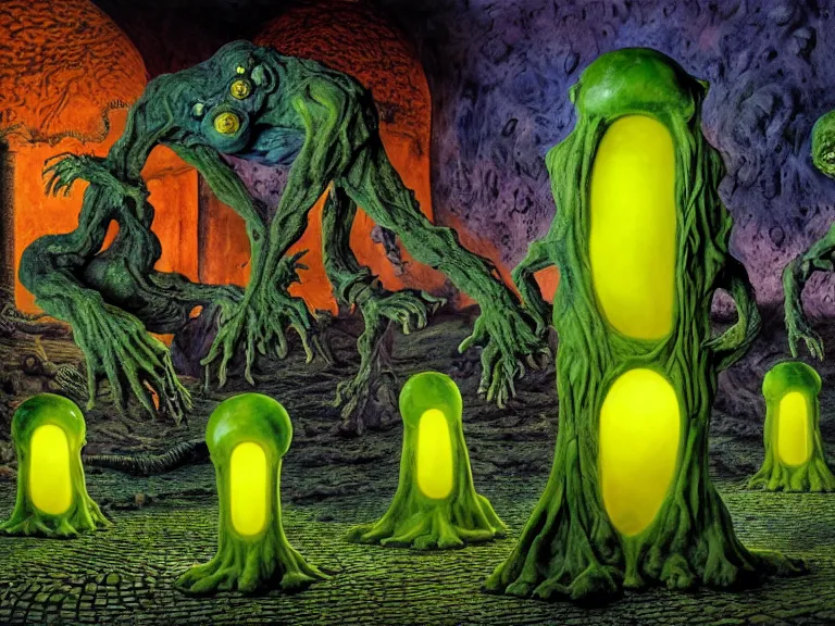 Prompt: grotesque flesh creatures from planet zlorkian by wendy froud and frank rudolph paul and guido borelli da caluso and ed valigursky and zacharias aagaard and gillis rombouts, hyperrealism, high contrast, low light, vibrant color, psychedelic, green mist, blue cobblestones, orange demons, yellow lanterns