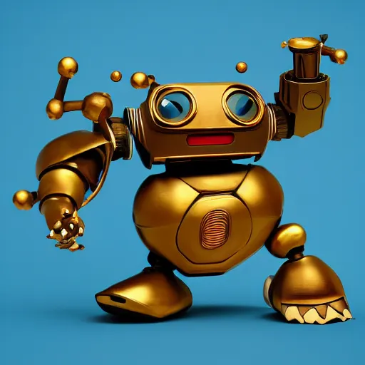 Image similar to a small chubby bot, smooth panelling, one large gold eye intricate detail, style of pokemon, with damaged rusty arms, broken antenna, recycled, floating, white studio, oil, mechanical, toy, ambient light, in the style of pixar animation, pokedstudios, blender, octane render, 8 k,