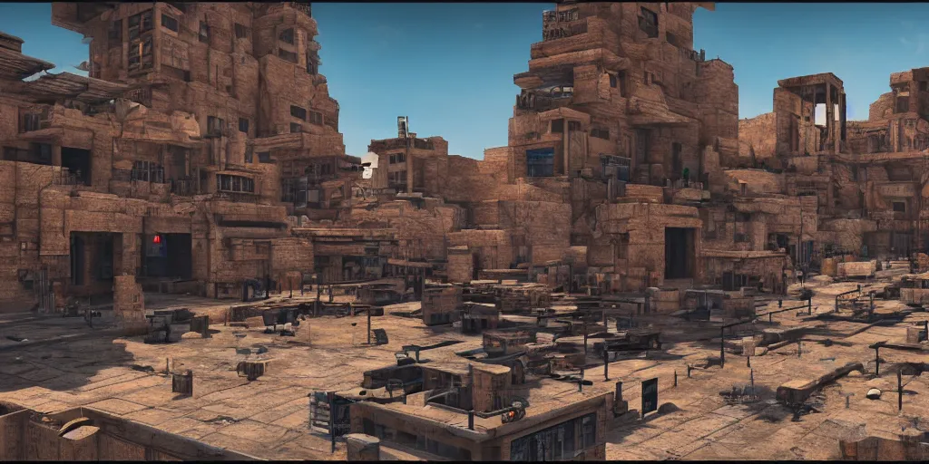 Prompt: a cyberpunk village with nabatean architecture, highly detailed, 4k, 3D render, unreal engine 5, raytracing, HDR, award winning