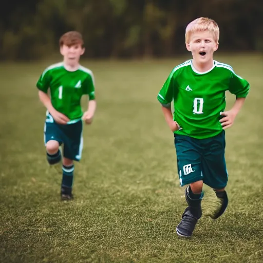 Image similar to boy in green soccer jersey falling to the gravel and hurting his hand in a soccer match, pain, much pain, but a goal