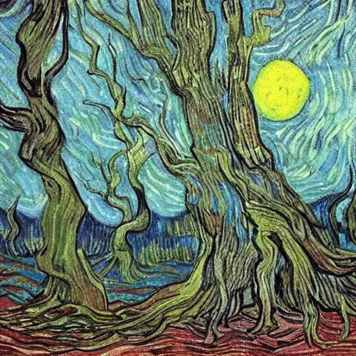 Prompt: towering misty dark fantasy forest surrounding a pond, a rusalka sits on the roots of an ancient tree looking up at the moon, looming trees, midnight, painting by van gogh