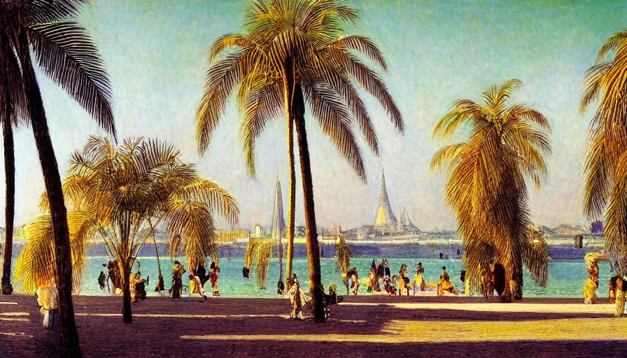 Prompt: a ultradetailed beautiful painting of the megastructure amazonas palace balustrade designed by jules bastien - lepage, tarsila do amaral, frank weston and gustave baumann, beach, trending on artstation, mediterranean, palm trees, sharp focus, colorful refracted sparkles and lines, soft light, 8 k 4 k