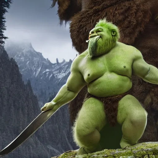 Image similar to still from a movie with cutting edge practical effects, giant humanoid troll with light green skin and big nose, burly, wearing long fur toga and holding sword, highly textured, fantasy, D&D, HDR, dramatic light, in alpine setting with mastadons in the background, wide angle shot, shallow depth of field, dynamic pose, award winning photograph!