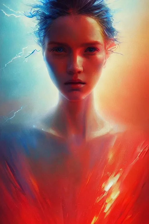 Image similar to 3 d, sci - fi, morning, sleepy fashion model face, sun, cinematic, lightning clouds, vogue cover style, poster art, light red and deep blue mood, realistic painting, intricate oil painting, high detail, figurative art, multiple exposure, poster art, 3 d, by tooth wu and wlop and beeple and greg rutkowski