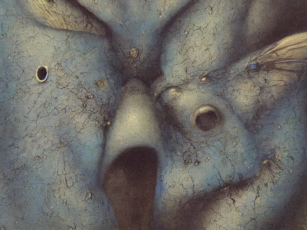 Image similar to Close up of the face of a blue strange puffy moth. Painting by Beksinski, Barlowe, Walton Ford