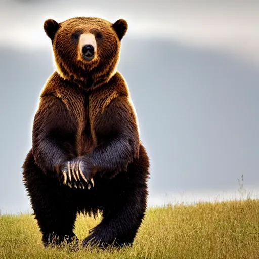 Image similar to a bear standing on two legs. The bear has a head of an owl, 8k, ultrarealistic, professional photography