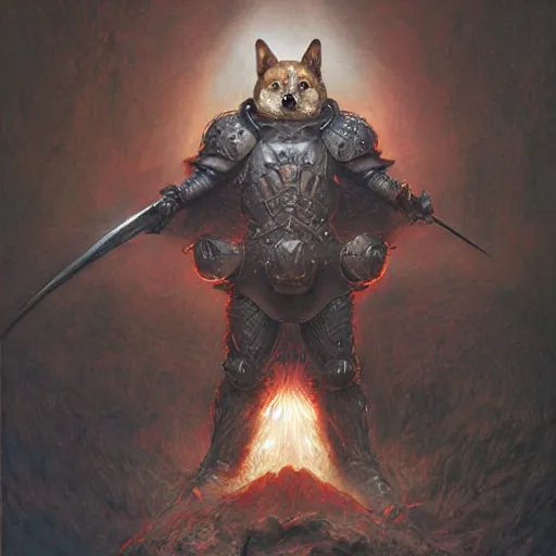 Prompt: berserk black armor, anthropomorphic shiba inu, realistic, visible face, in berserk black armor, stuning 3 d render, masterpiece, glowing aura, by donato giancola and greg rutkowski and wayne barlow and zdzisław beksinski