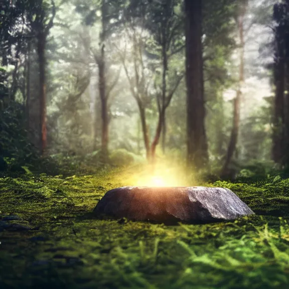 Image similar to magic stone portal in the forest, splash art, movie still, cinematic lighting, dramatic, octane render, long lens, shallow depth of field, bokeh, anamorphic lens flare, 8k, hyper detailed, 35mm film grain