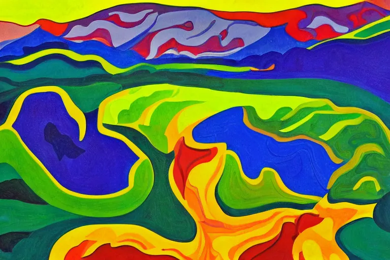 Prompt: Landscape painting. Wild energy patterns rippling in all directions. Curves, zig-zags. Organic. Mountains. Clouds. Vegetation. Rushing water. Waves. LSD. Fauvism.
