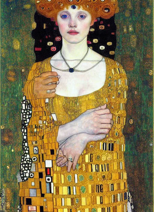 Image similar to portrait of young woman in renaissance dress and renaissance headdress, art by gustav klimt