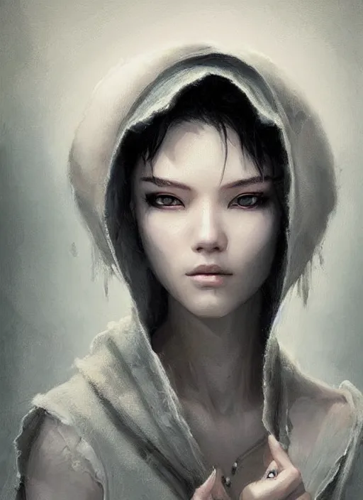 Prompt: girl with short white hair, tattered grey cloak, asian rice hat, beautiful highly detailed face, beautiful painting by artgerm and greg rutkowski and raymond swanland