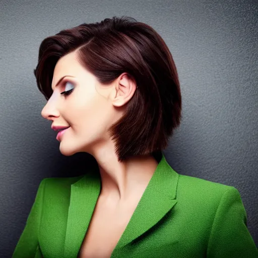 Image similar to brunette woman, short messy hair, business suit, bright green eyes