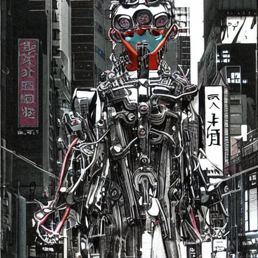 Image similar to moebius, mechanical inhuman monsters walking the streets of shinjuku,