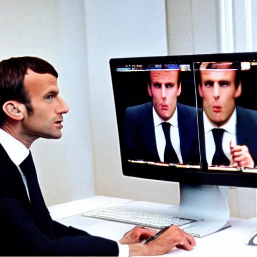 Image similar to Emmanuel Macron computering in American Psycho (1999)