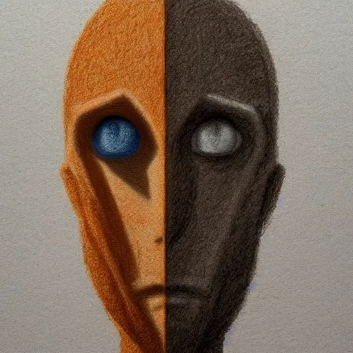 Image similar to colored pencil sketch man with blank eyes, no face, uncanny, unsettling proportions, portrait, man staring, artstation, pencil sketch, shadowy