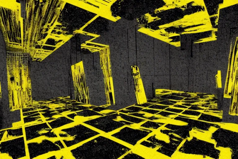 Prompt: cctv footage of the backrooms static, dark deep black shadows, molded yellow and black color contrast in the style of trevor henderson and james ensor goya, liminal space, 3 d render, glitch effect