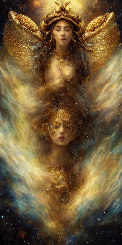 Prompt: breathtaking detailed soft painting of a celestial angel in stars and galaxy, gauze dress of fireflies and kabuto helm with big horns, rembrandt style, intricated swirls of light flying, hall of ancient nature kings, in a nebulae galaxy with golden ribbons flying in flames, elegant, highly detailed, artstation, concept art, matte, sharp focus, art by Anato Finnstark, Artgem and Greg Rutkowski