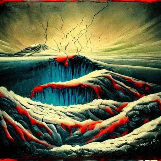 Image similar to horrific painting of an ice floe meeting magma!!!!!! in the middle, in the style of vintage photography, textured, skewed perspective, last photo ever taken, apocalyptic event, red color palette on left side and blue color palette on right side, cursed and sinister tone