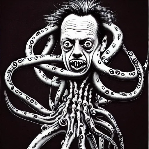 Image similar to steve buscemi's horror version. an unnatural abomination with long teeth, many tentacles, and gray skin. grunge, horror, dmt, dark and muted colors, detailed airbrush art, by yves klein