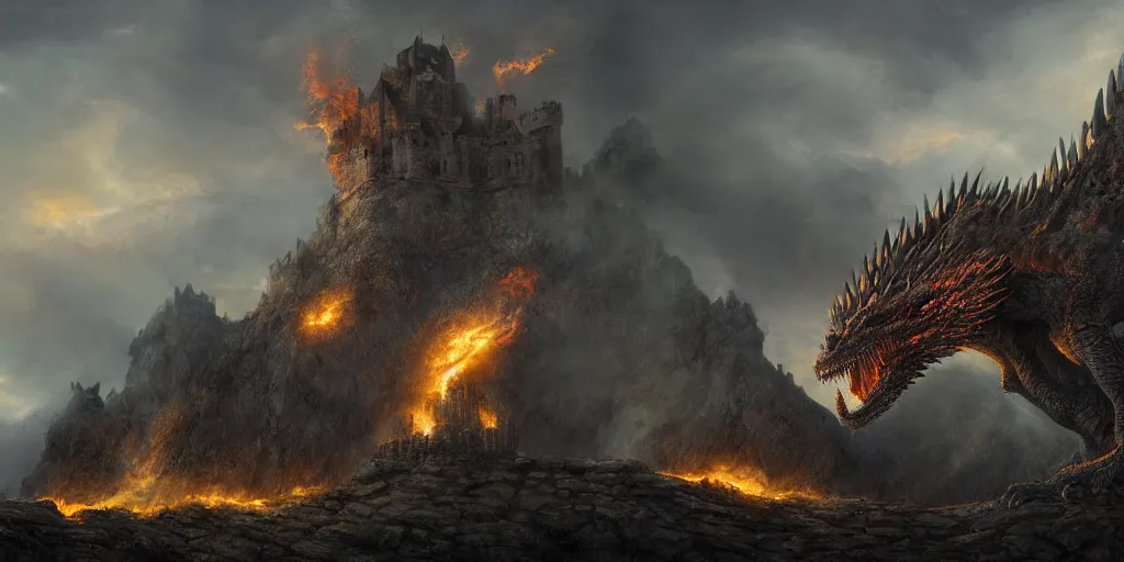 Prompt: an environmental concept art of a highly detailed dragon breathing fire on a castle, game of thrones, environmental light, cinematic by francis tneh