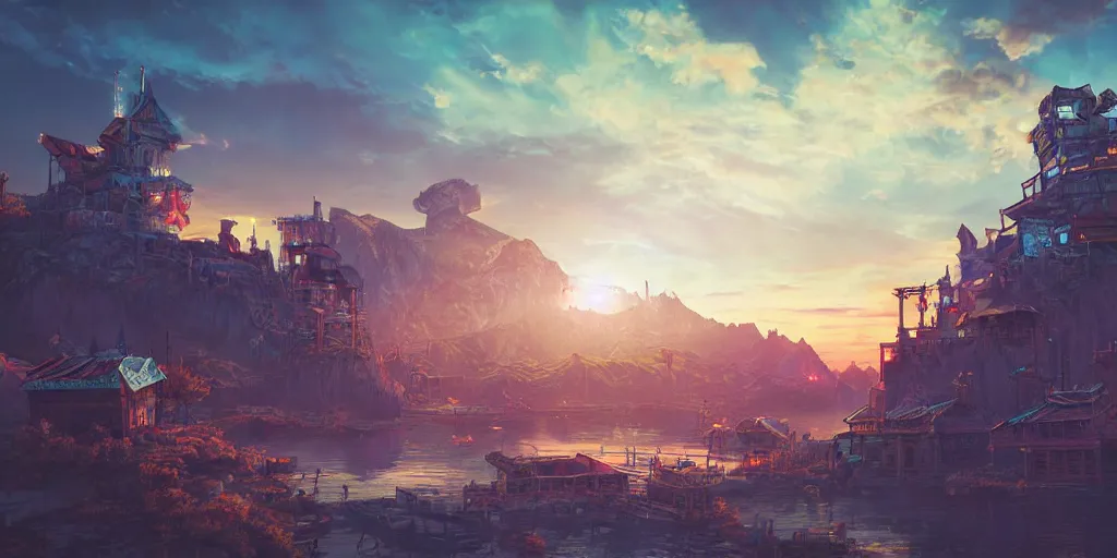 Image similar to cyberpunk fantasy valley floating castle stylized digital illustration sunset hue cinematic atmosphere retro kingdom civilization architecture iridescence steampunk global illumination ray tracing