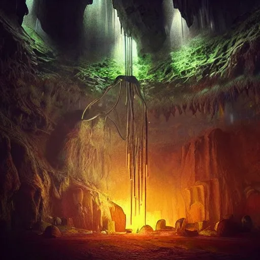 Image similar to “underground dark fantasy city in a giant cave, bioluminescent mushrooms, magic crystals, Artstation HQ, photorealistic, hiperrealistic, 4k UHD, Unreal Engine 5, cinematic shot, cinematic lightning, dark tones, high contrast, masterpiece”