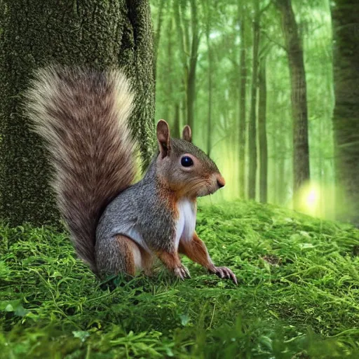 Image similar to a hyper realistic shot of a large squirrel with soft hair and tufts on its ears standing on its hind legs in a luscious green forest, a single weak ray of light emerging through the canopy and hitting the forest floor below him, 8 k, realistic