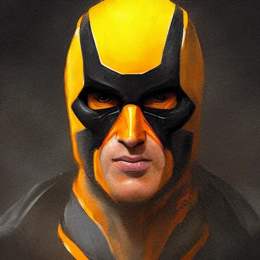 Image similar to portrait of a superhero by greg rutkowski, he looks like joseph quinn, he is wearing a black, orange and yellow kevlar gear, highly detailed portrait, digital painting, artstation, concept art, smooth, sharp foccus ilustration, artstation hq