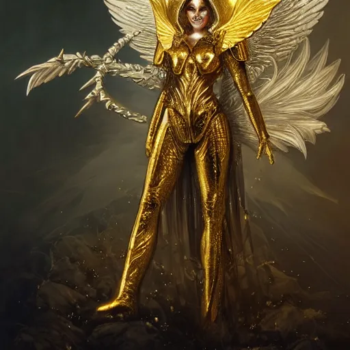 Image similar to a beautiful angel with a golden helmet wearing a silver armor with golden ornaments and diamonds jewelry, wings by alex gray and android jones, karol bak, ayami kojima, amano, concept art, character design, fantasy, 3 d, 8 k resolution