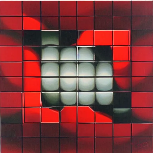 Prompt: chrome spheres on a red cube by ichiro tsuruta