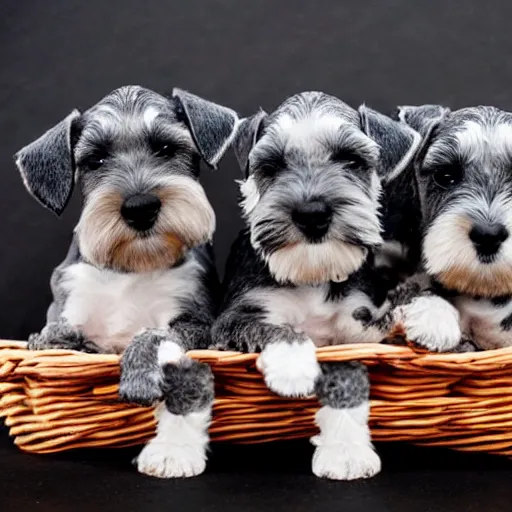 Prompt: a basket of miniature schnauzer puppies, award winning photo