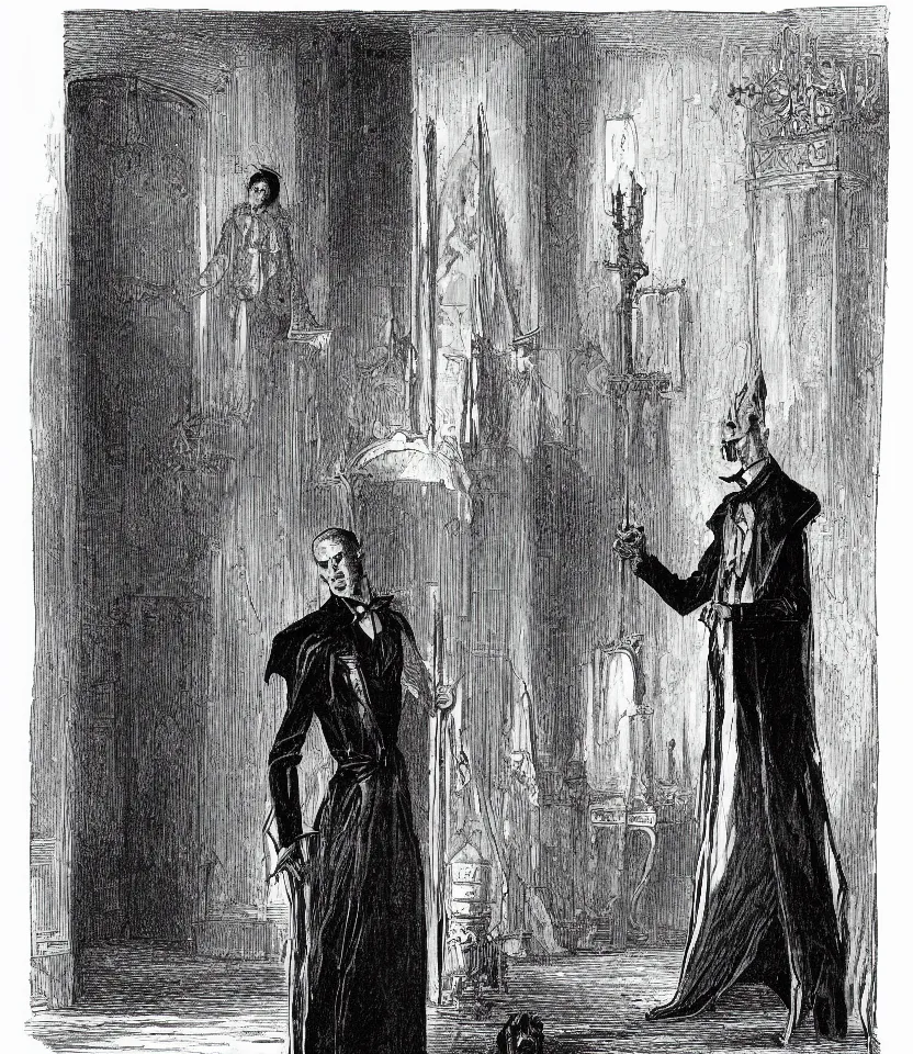 Image similar to an extremely tall vampire stands stooped in the entrance hall of a victorian house by tuomas korpi and george goodwin kilburne