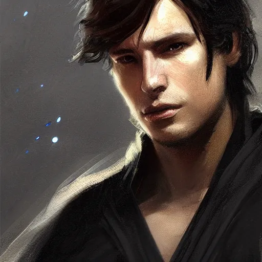 Prompt: portrait of a man by greg rutkowski, british features, messy black long hair, black robes, star wars expanded universe, he is about 2 0 years old, wearing jedi robes, highly detailed portrait, digital painting, artstation, concept art, smooth, sharp foccus ilustration, artstation hq