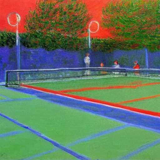 Image similar to tennis court, art by claude monet, impressionism, oil painting, bright colors, advertising painting