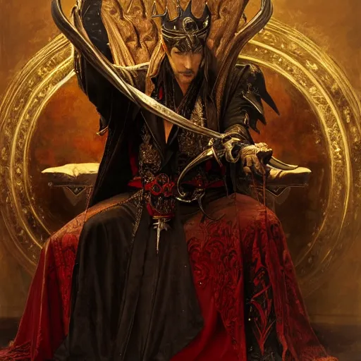 Image similar to perfectly centered portrait of attractive vampire king in a robe sitting on a throne of bones, highly detailed painting by gaston bussiere, craig mullins, j. c. leyendecker, 8 k