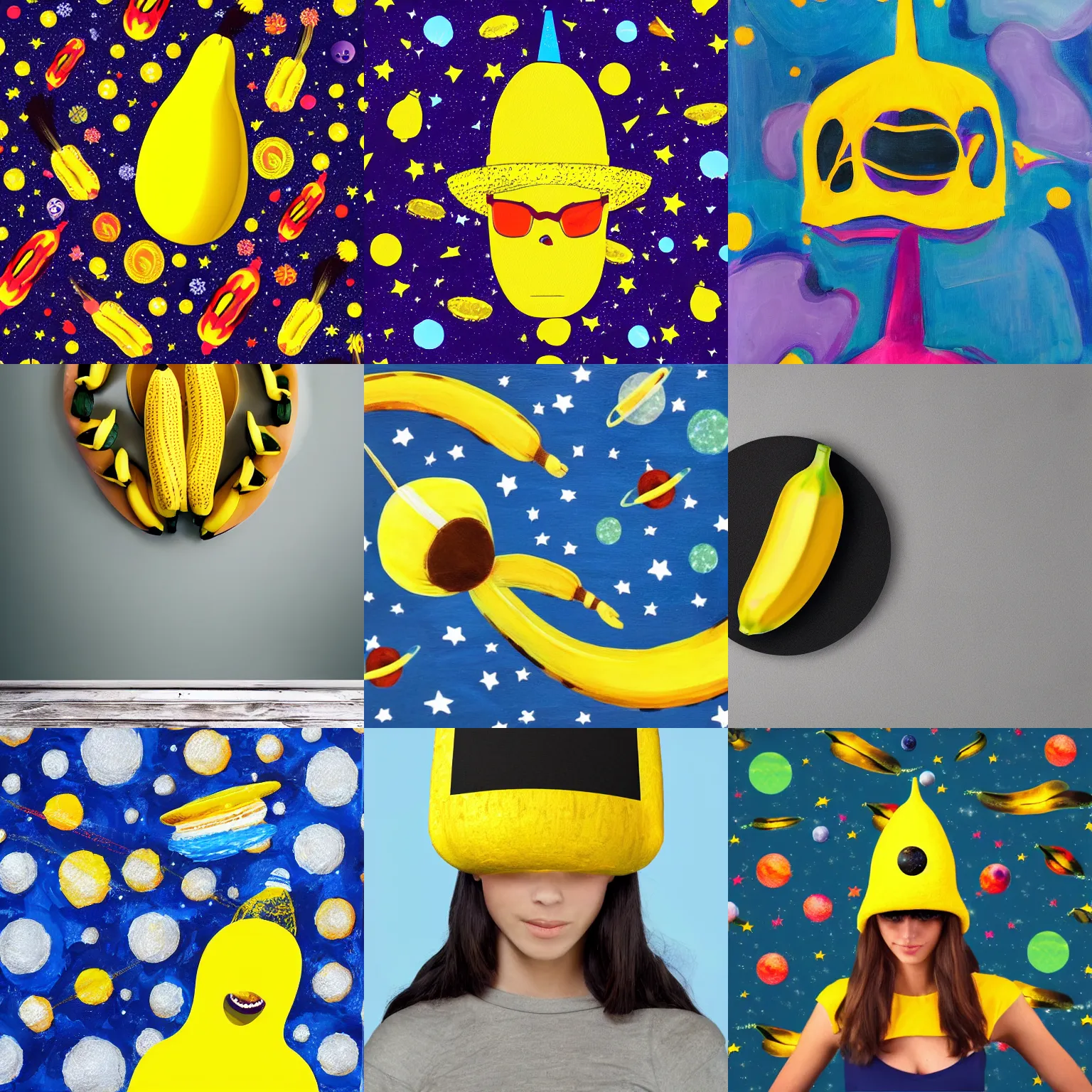 Prompt: banana hat in outer space, abstract art