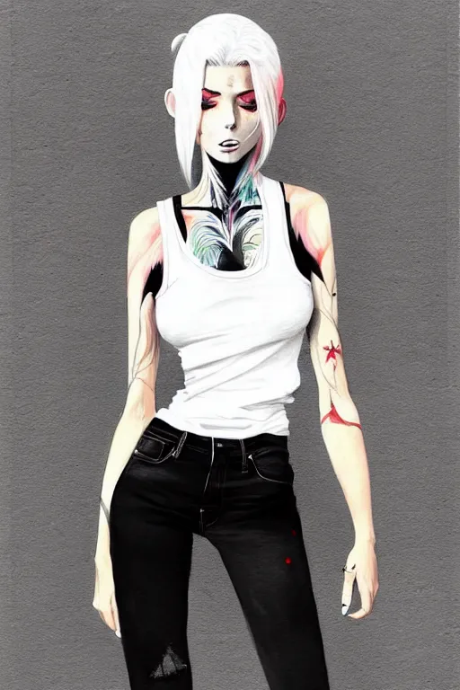 Prompt: a ultradetailed beautiful full body painting of a stylish woman in with white hair in a ponytail, she is wearing a black tank top and jeans, by conrad roset, greg rutkowski and makoto shinkai trending on artstation