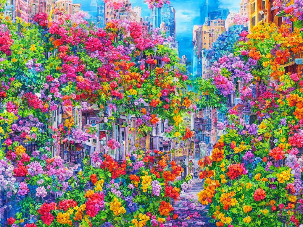 Image similar to city in bloom, colorful detailed painting, lots of details, 4k