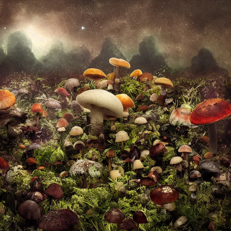 Image similar to a planet of various fungus, mushrooms and plants, inside the picture is infinity, Atmospheric phenomenon, artistic photography, muted colors, conceptual, long exposure outside the city, volumetric light