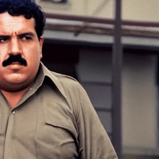 Prompt: film still of pablo escobar who says plata o plomo in narcos