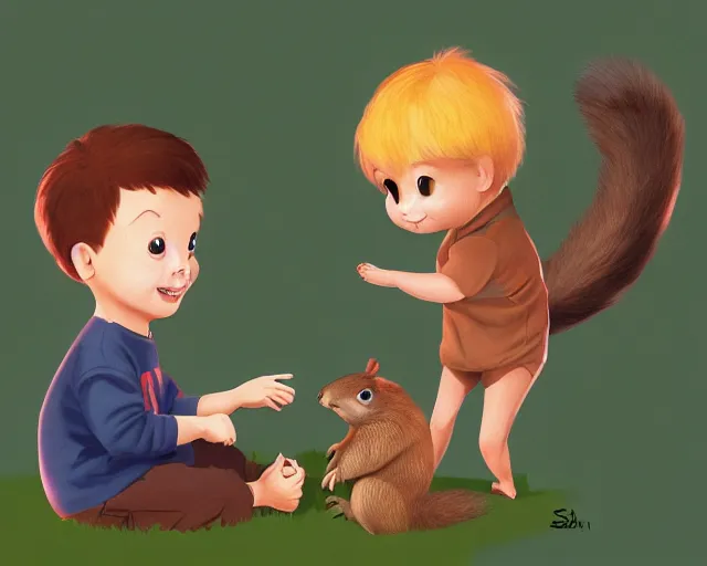 Image similar to a little boy play with a squirrel by samuel smith trending on artstation