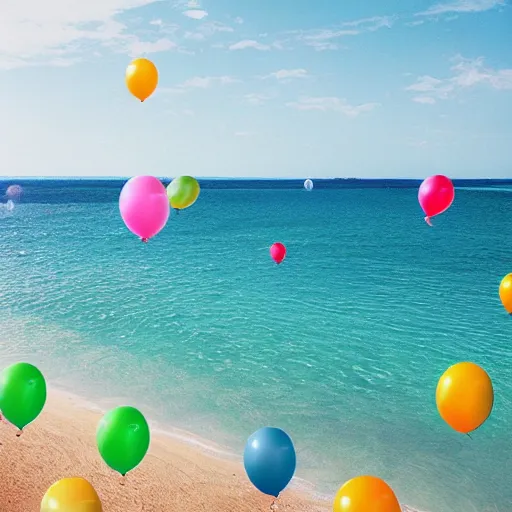 Image similar to a lot of floating birthday balloons. beautiful beach in bretagne. digital art, highly - detailed, artstation cgsociety masterpiece