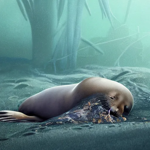 Prompt: A seal sleeping peacefully in a kelp forest, Prince in pastel, cinematic, hyper realistic, detailed, 8k, octane render.
