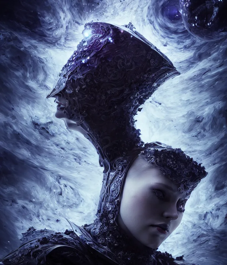 Image similar to impressive ominous front!! shot photo of a court jester character fine portrait fine portrait mesmerizing fractal hyper cubes platinum cracked dark future hyper dimensional space galactic crystal nebula edges elegant detailed intricate concept artstation sharp focus ray tracing cinematic masterpiece temporal corruption beeple wlop germ 8 4 k scifi glossy hyper realistic illustration canon eos r 3 fujifilm x - t 3 0 sony alpha a 6 6 0 0