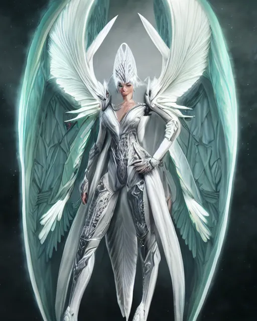 Prompt: attractive white haired preying mantis wearing white dove wings, warframe armor, regal, attractive, ornate, sultry, sexy, beautiful, elize theron, pretty face, green eyes, scifi platform, 4 k, ultra realistic, epic lighting, illuminated, cinematic, black gold, art by akihito tsukushi, voidstar, artgerm
