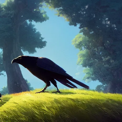 Image similar to a wholesome animation key shot of a crow on a hill, simetrical medium shot, studio ghibli, pixar and disney animation, sharp, rendered in unreal engine 5, anime key art by greg rutkowski, bloom, dramatic lighting